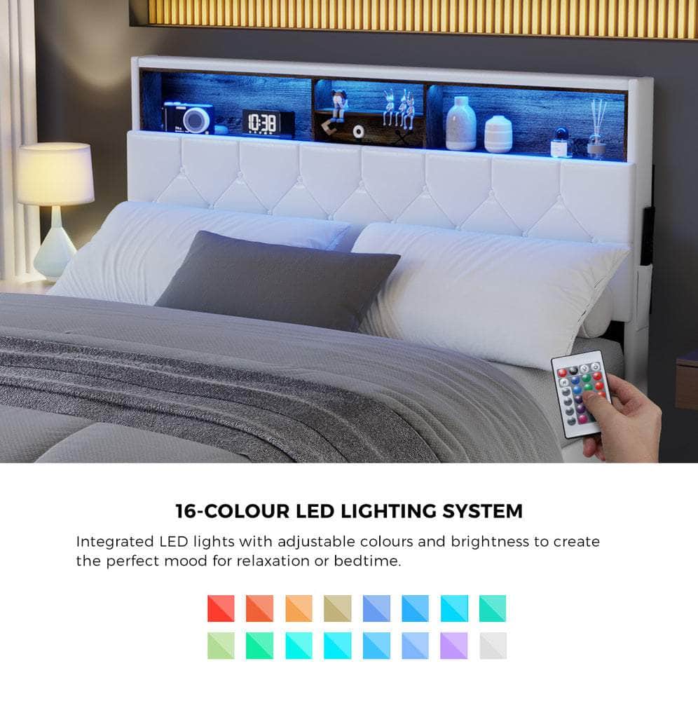 Queen Size Bed Frame with LED Storage Bedhead in White for Modern Bedroom