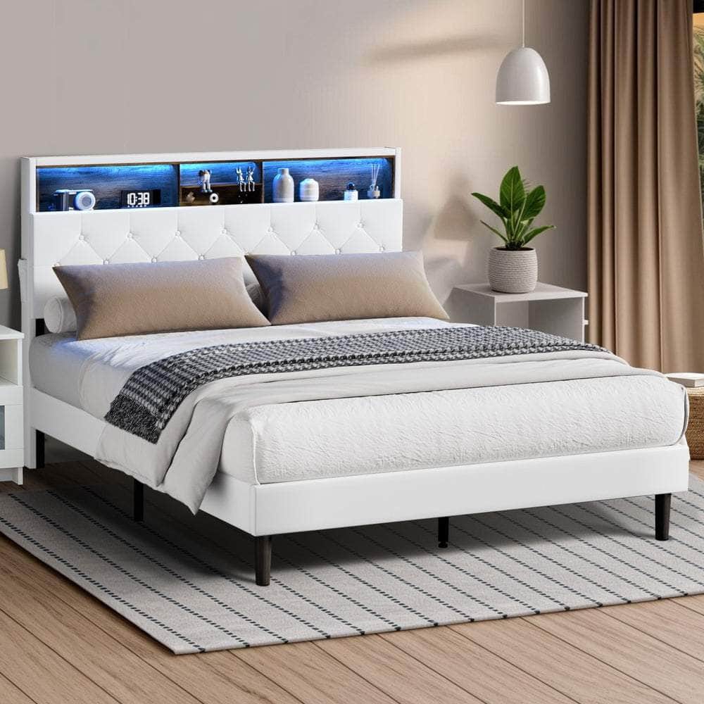 Queen Size Bed Frame with LED Storage Bedhead in White for Modern Bedroom