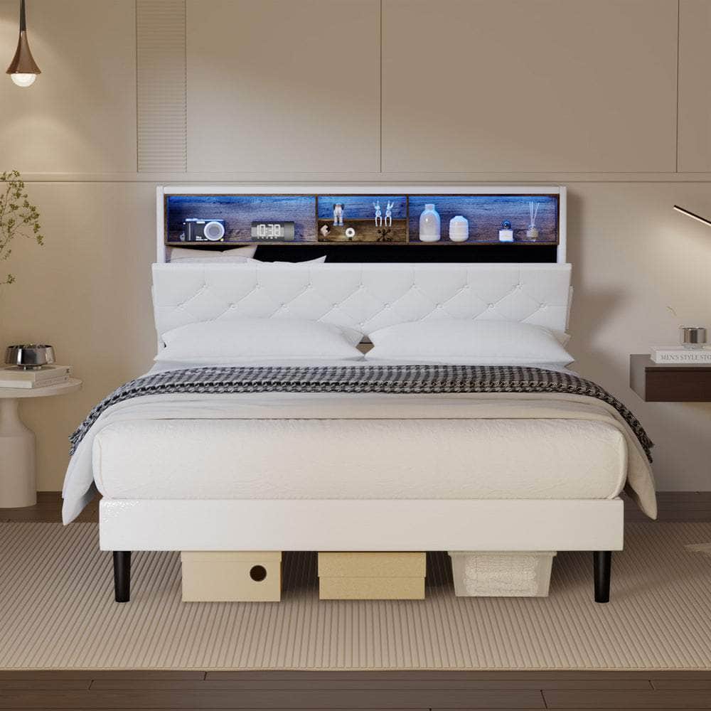 Queen Size Bed Frame with LED Storage Bedhead in White for Modern Bedroom