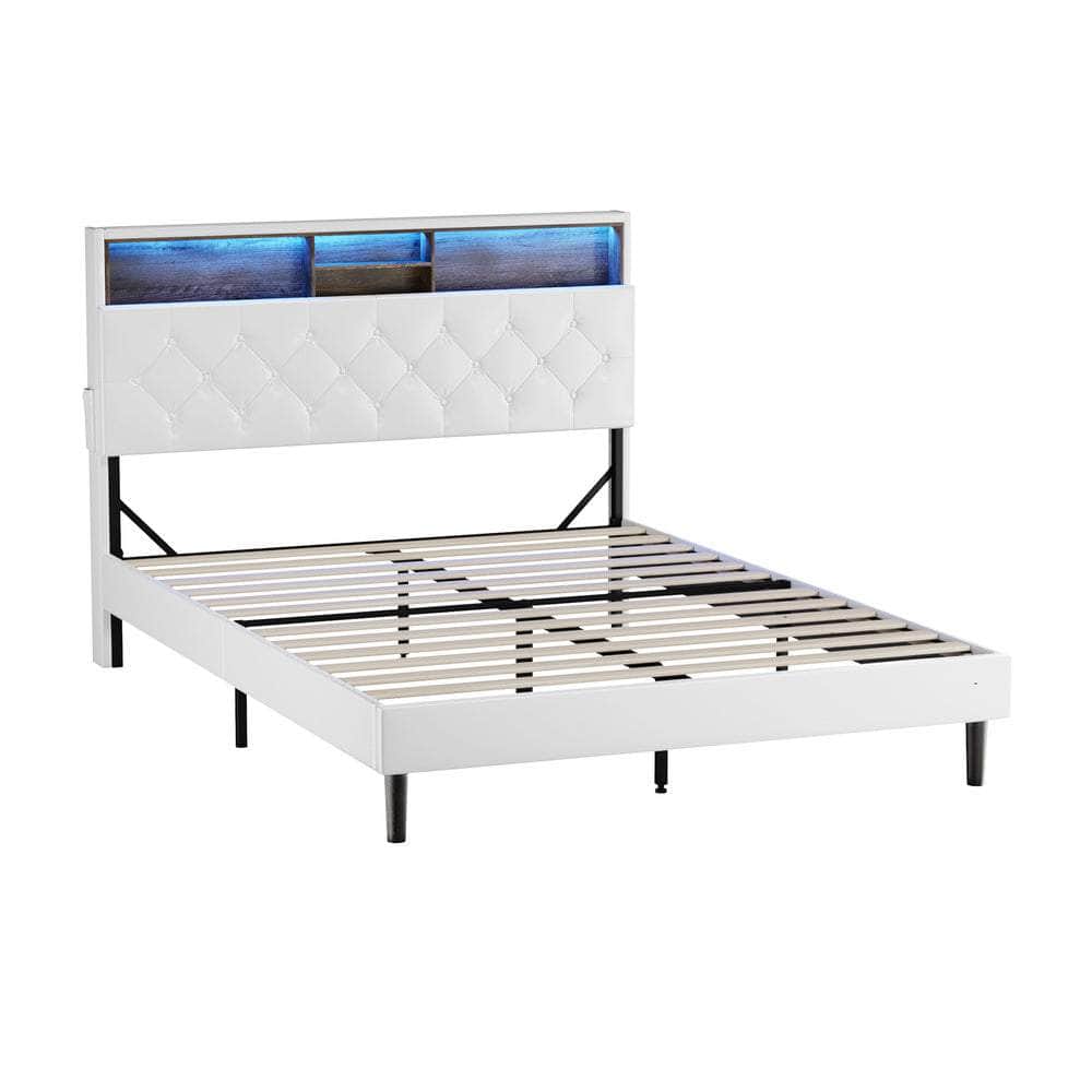 Queen Size Bed Frame with LED Storage Bedhead in White for Modern Bedroom