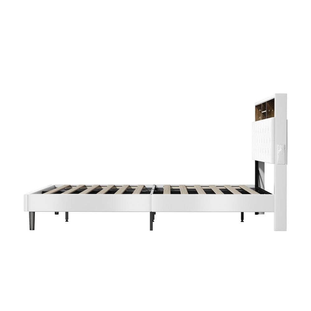 Queen Size Bed Frame with LED Storage Bedhead in White for Modern Bedroom