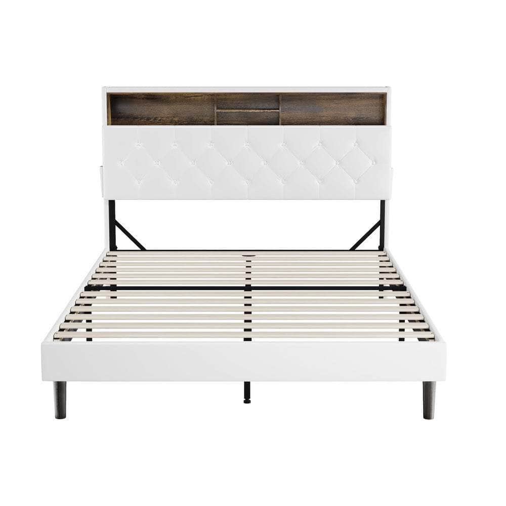 Queen Size Bed Frame with LED Storage Bedhead in White for Modern Bedroom
