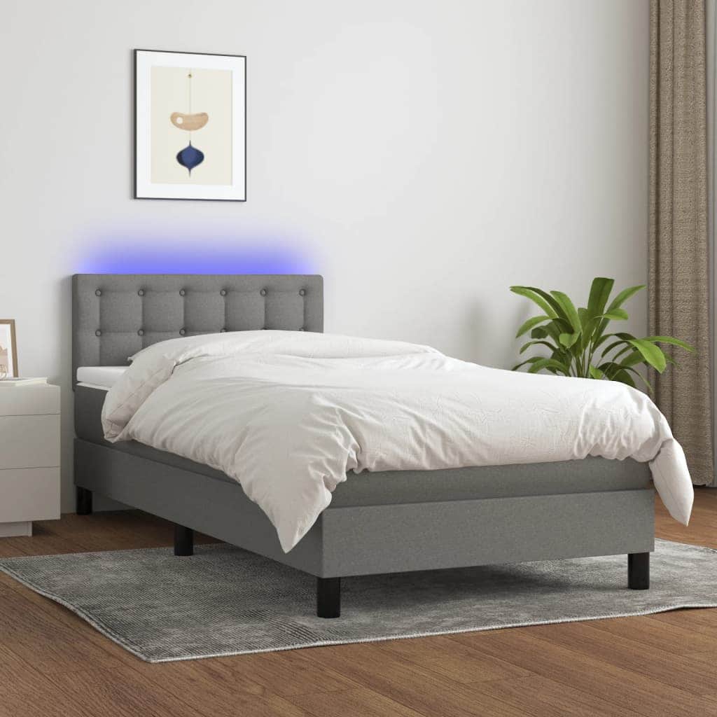 Queen Size Box Spring Bed with Mattress and LED USB Strip Dark Grey