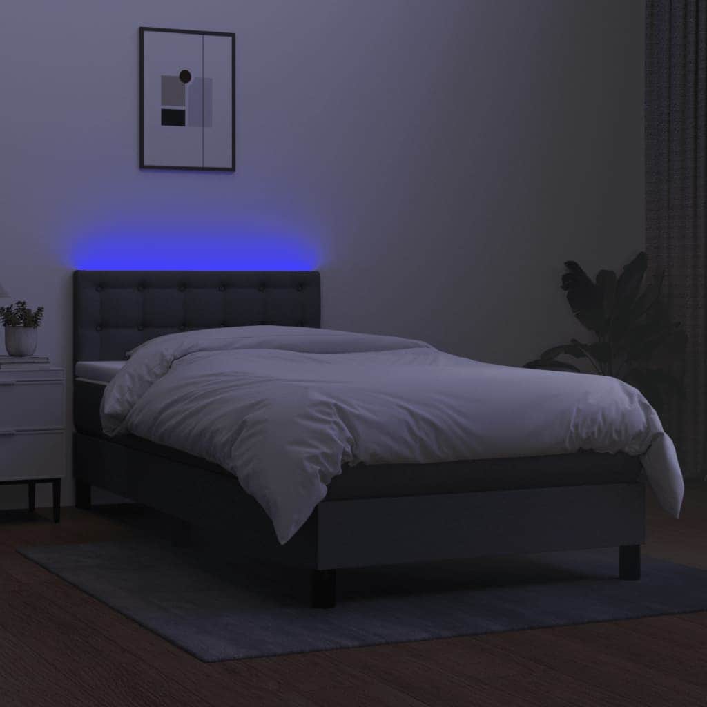 Queen Size Box Spring Bed with Mattress and LED USB Strip Dark Grey