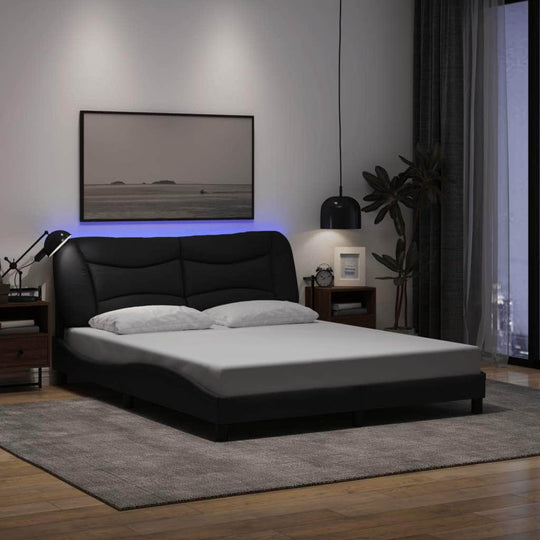 Queen Size Fabric Bed Frame with LED Lights Black/Grey, Fabric finish