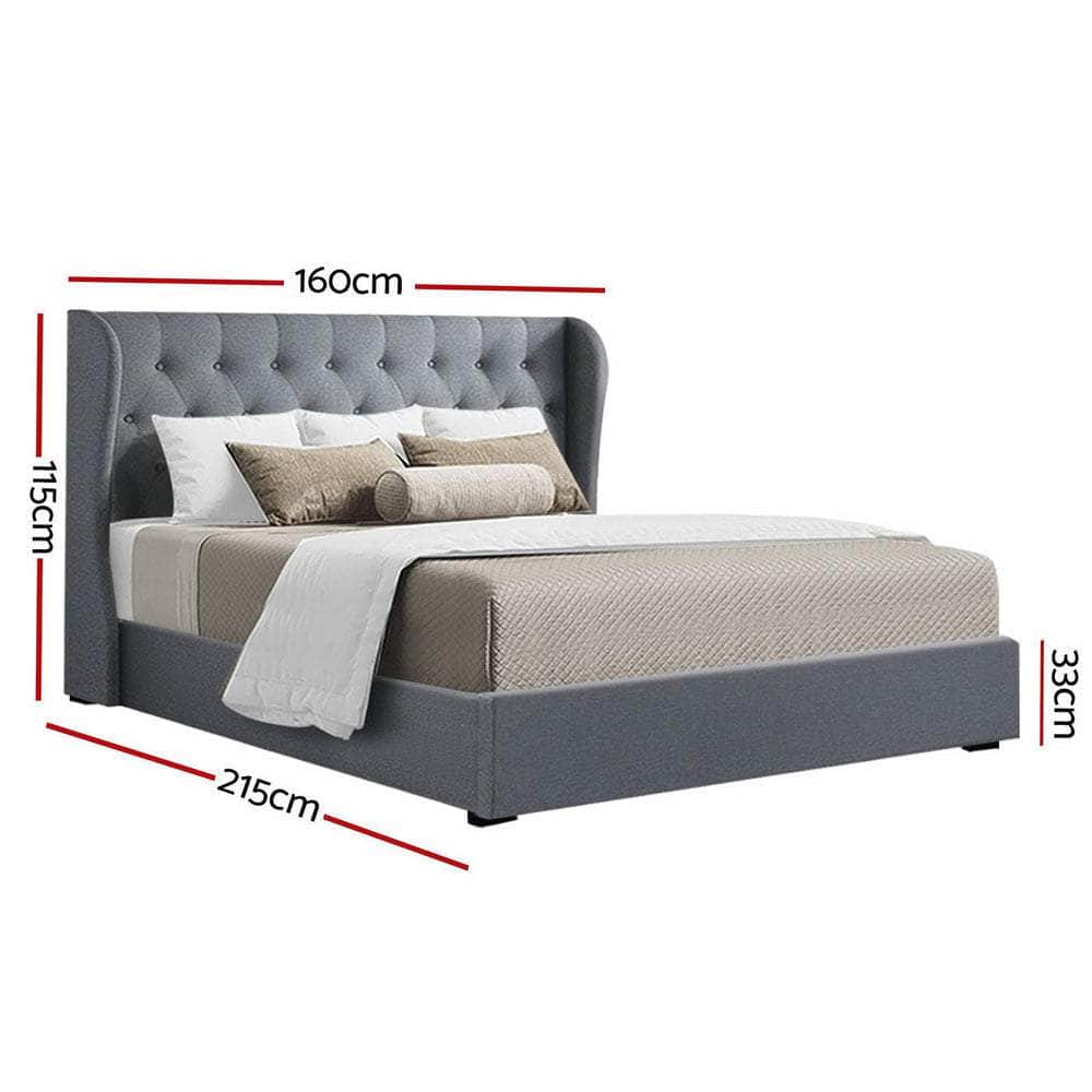 Queen Size Gas Lift Bed Frame Base With Storage Mattress Grey Fabric Wooden