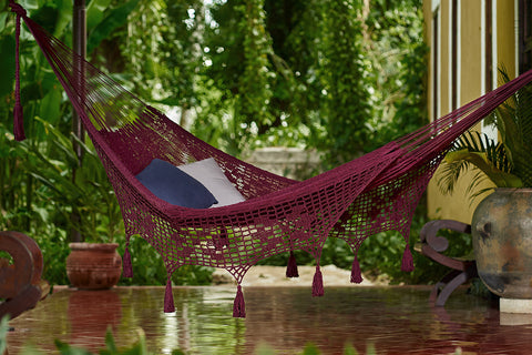 Queen Size Outdoor Cotton Mexican Hammock In Maroon