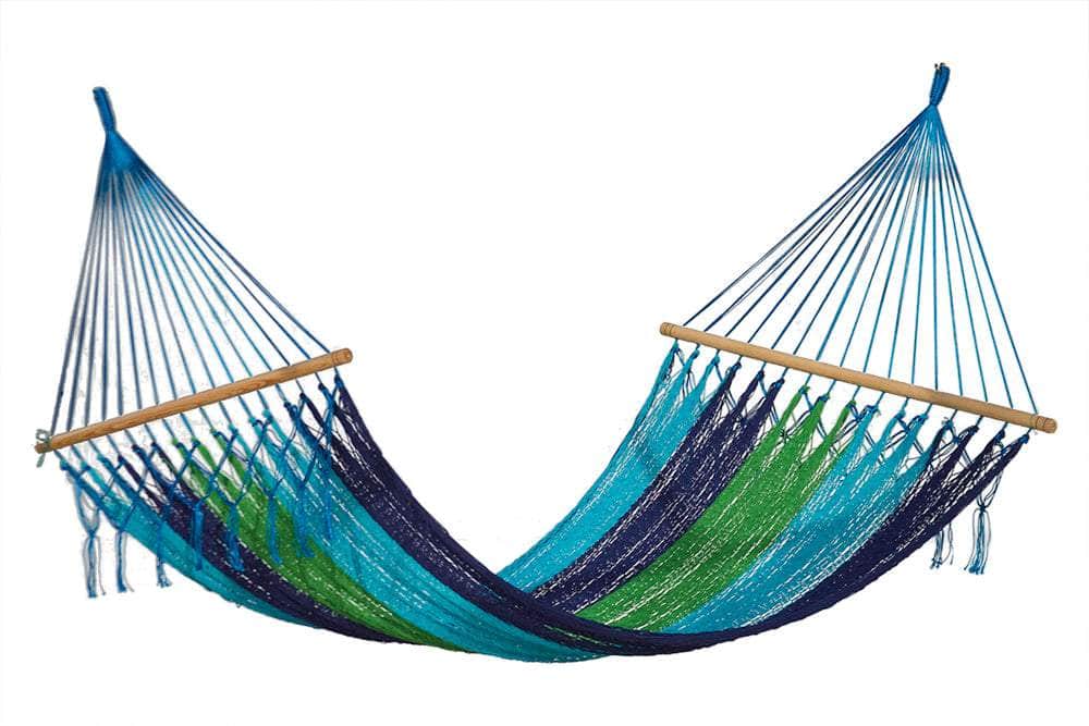 Queen Size Outdoor Cotton Mexican Resort Hammock No Fringe in Oceanica Colour