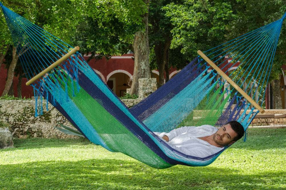 Queen Size Outdoor Cotton Mexican Resort Hammock No Fringe in Oceanica Colour