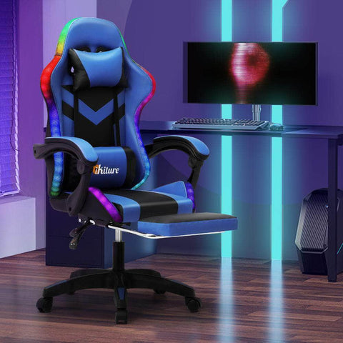 Racing Gaming Chair 7 RGB LED 8 Points Massage Black&Blue
