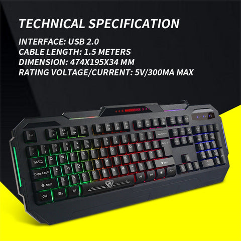 Rainbow Backlit Gaming Keyboard, Anti Ghosting Keys, Usb Interface