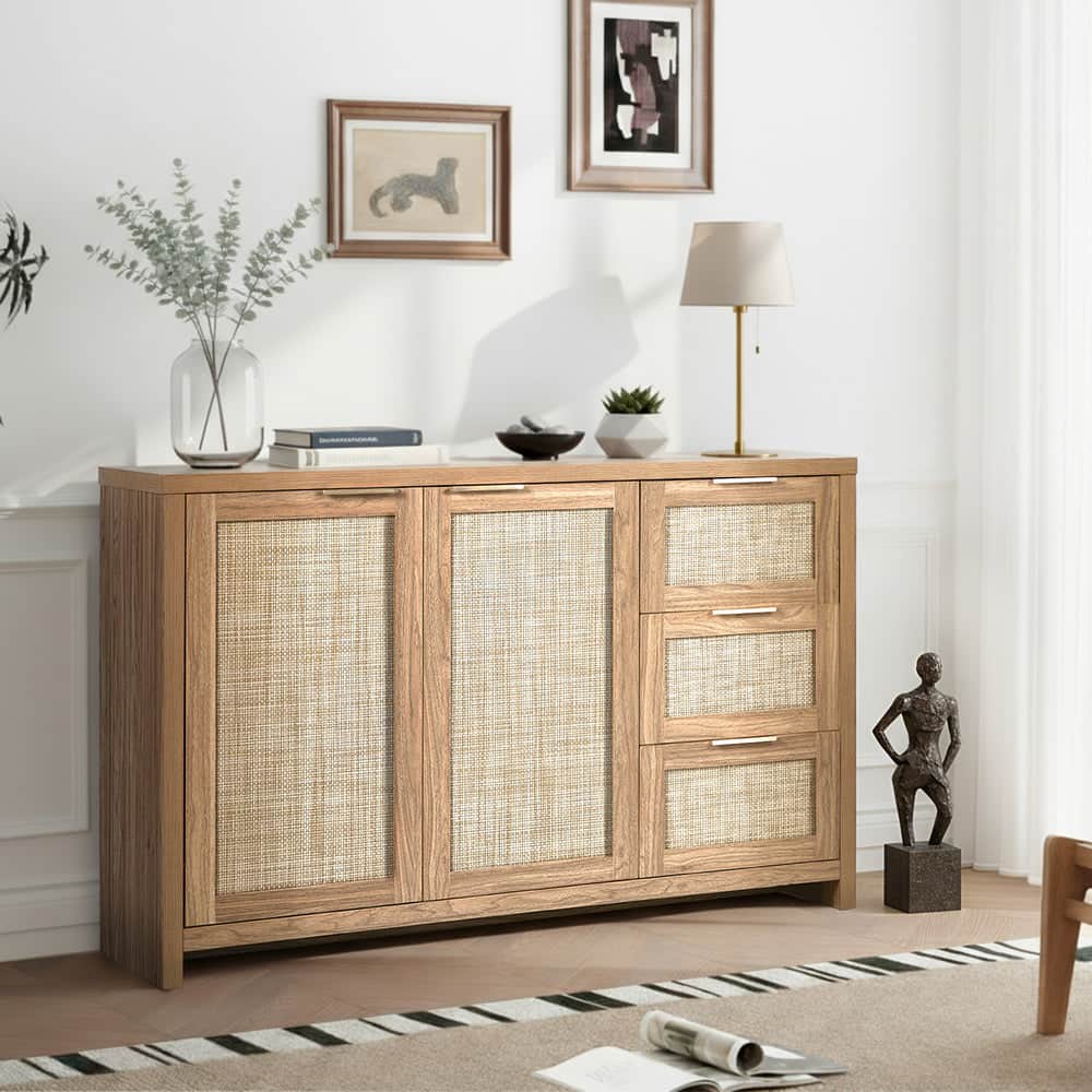 Rattan Buffet Sideboard Cabinet with 3 Drawers Hallway Storage Table