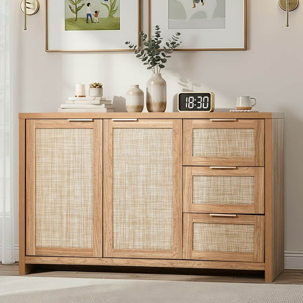 Rattan Buffet Sideboard Cabinet with 3 Drawers Hallway Storage Table