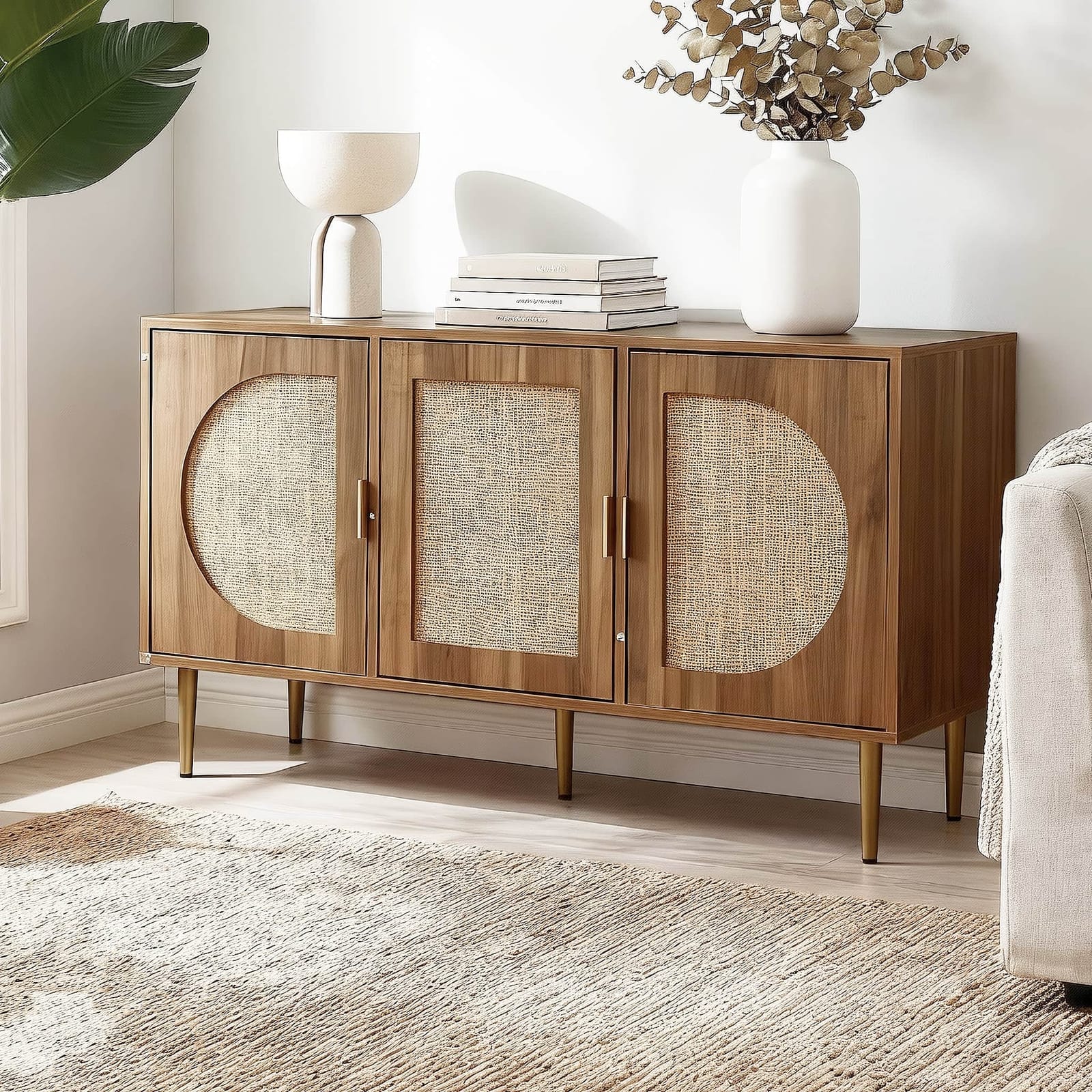 Anya Buffet Sideboard 3 Doors Woven Rattan Dark Oak Storage Cabinet | Dining Room