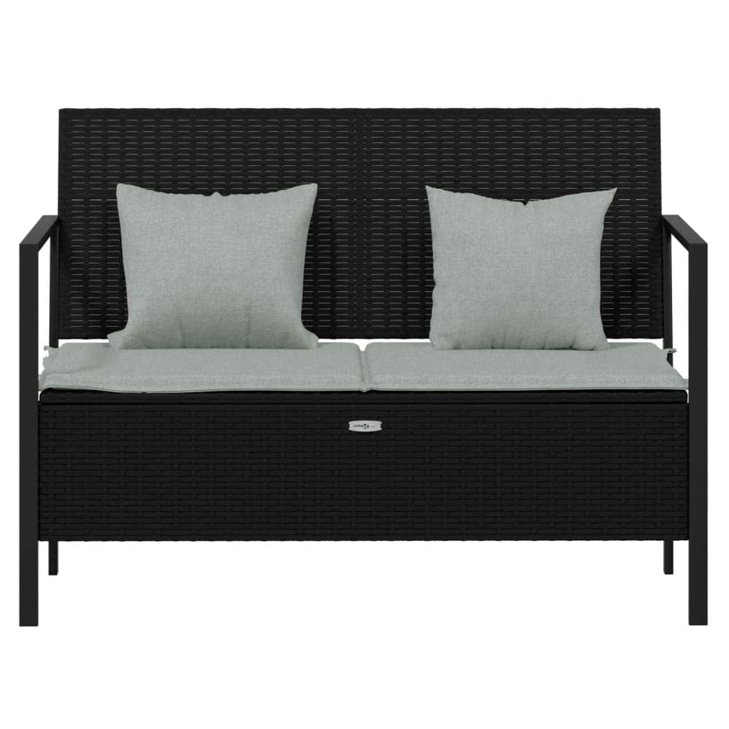 Rattan Elegance: Black 2-Seater Garden Bench with Cushions