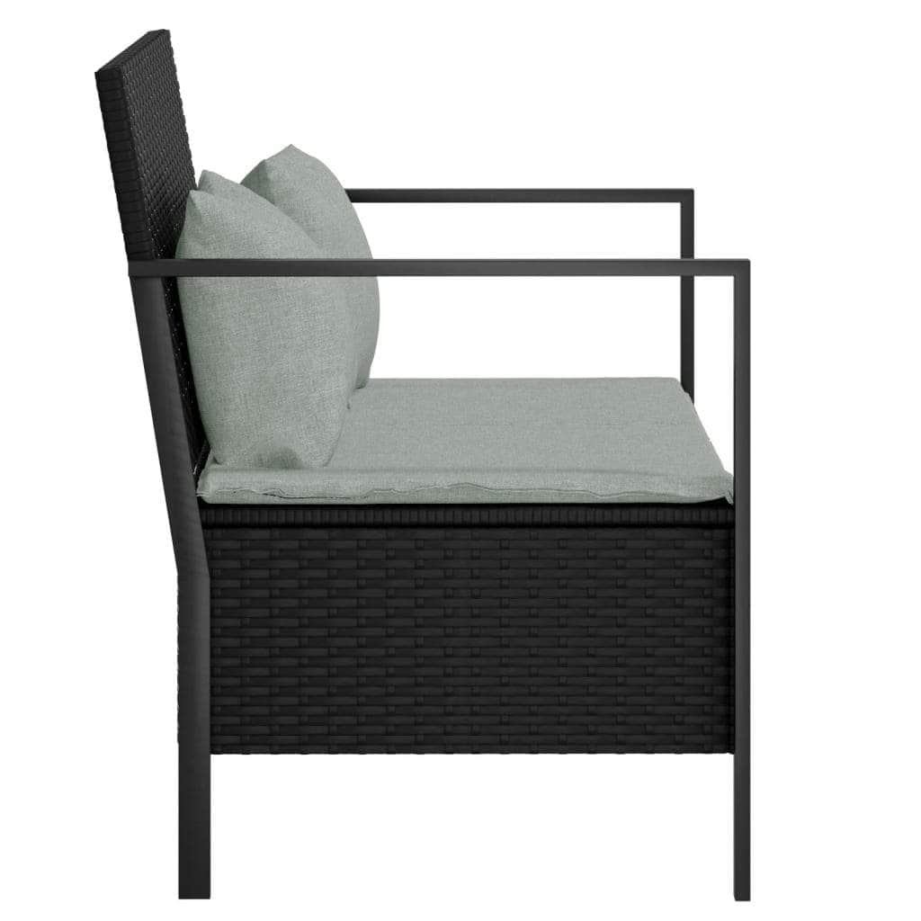 Rattan Elegance: Black 2-Seater Garden Bench with Cushions