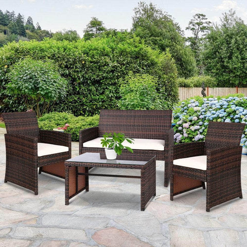 Rattan Furniture Outdoor Lounge Setting Wicker Dining Set W/Storage Cover Brown