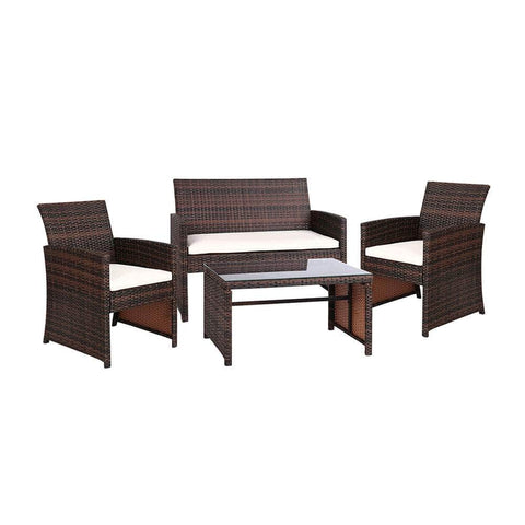 Rattan Furniture Outdoor Lounge Setting Wicker Dining Set W/Storage Cover Brown