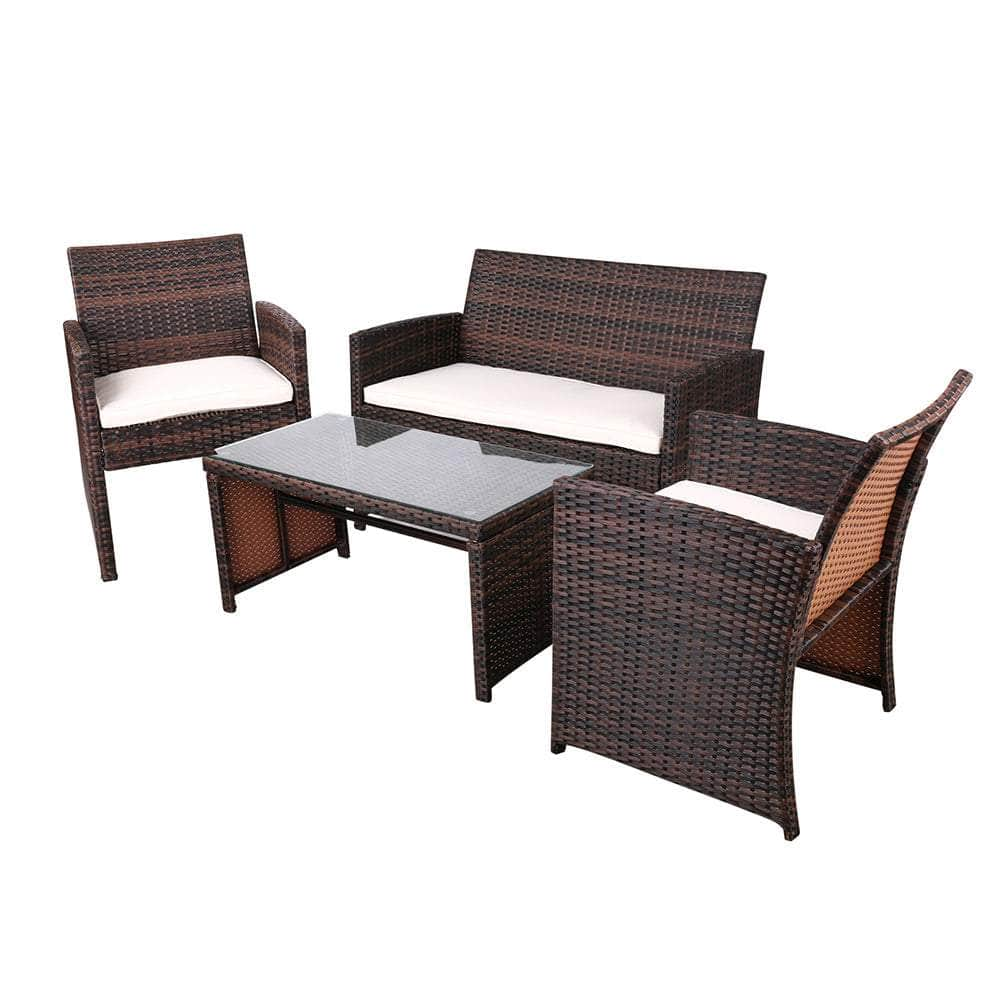 Rattan Furniture Outdoor Lounge Setting Wicker Dining Set W/Storage Cover Brown