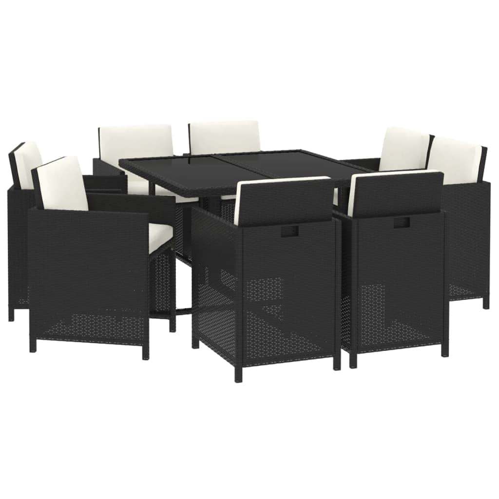Rattan Noir Feast: 9-Piece Black Poly Rattan Garden Dining Set with Plush Cushions