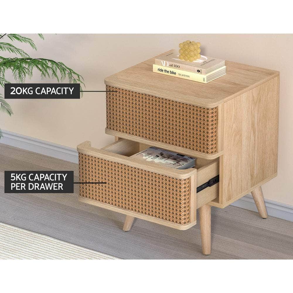 Rattan Side End Table Nightstand with 2 Drawers Bedroom Storage