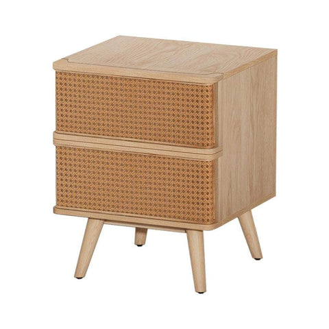 Rattan Side End Table Nightstand with 2 Drawers Bedroom Storage
