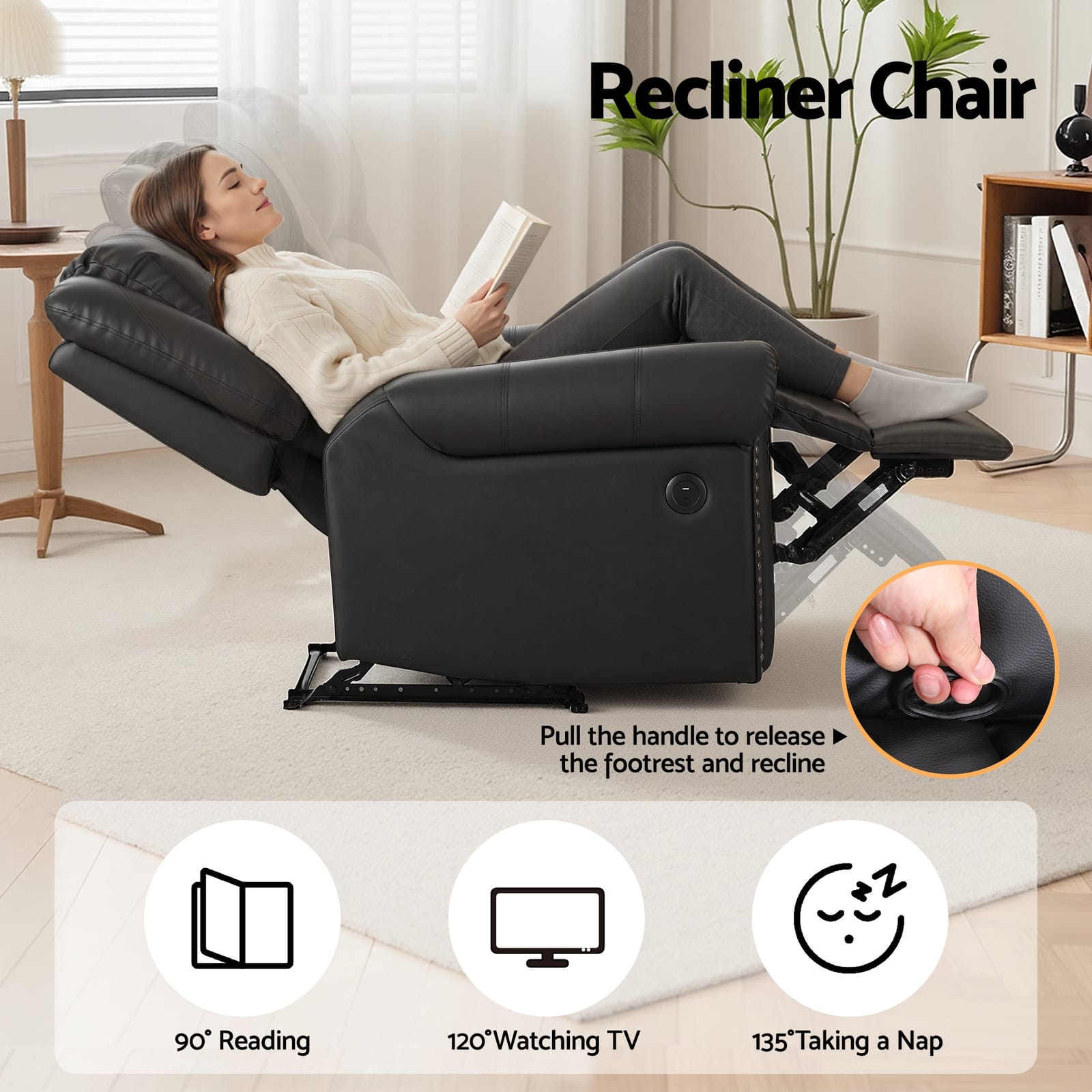 Black colour - Leather Manual Recliner Chair Black Wide Seat USB Port 150kg Comfort