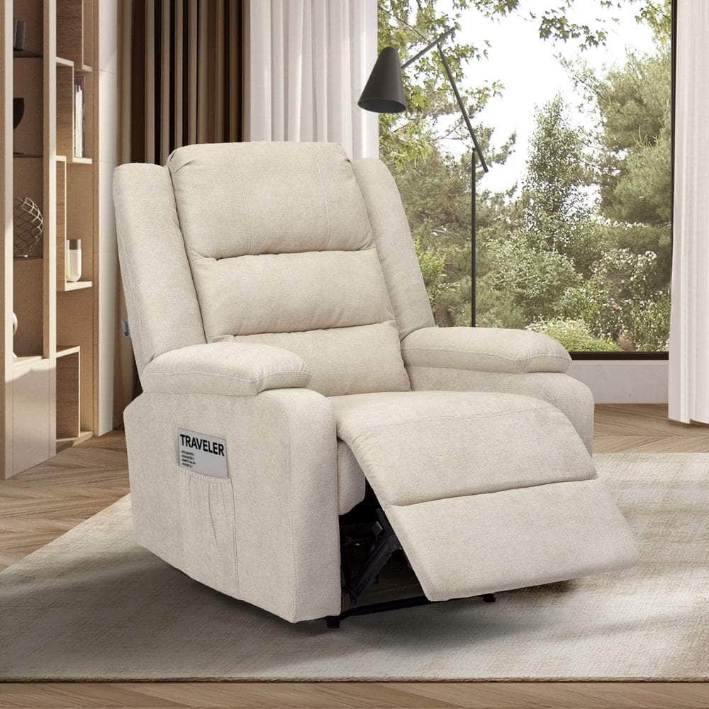 Recliner Chair Padded Lounge With Side Pocket Polyester Grey & Beige