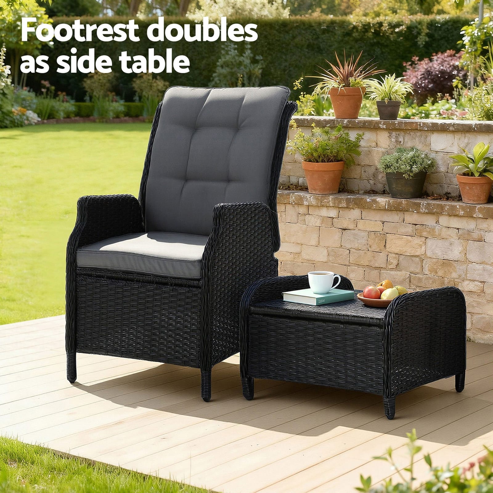 Recliner Chair Sun Lounge Wicker Lounger Outdoor Furniture Patio Black | Black colour