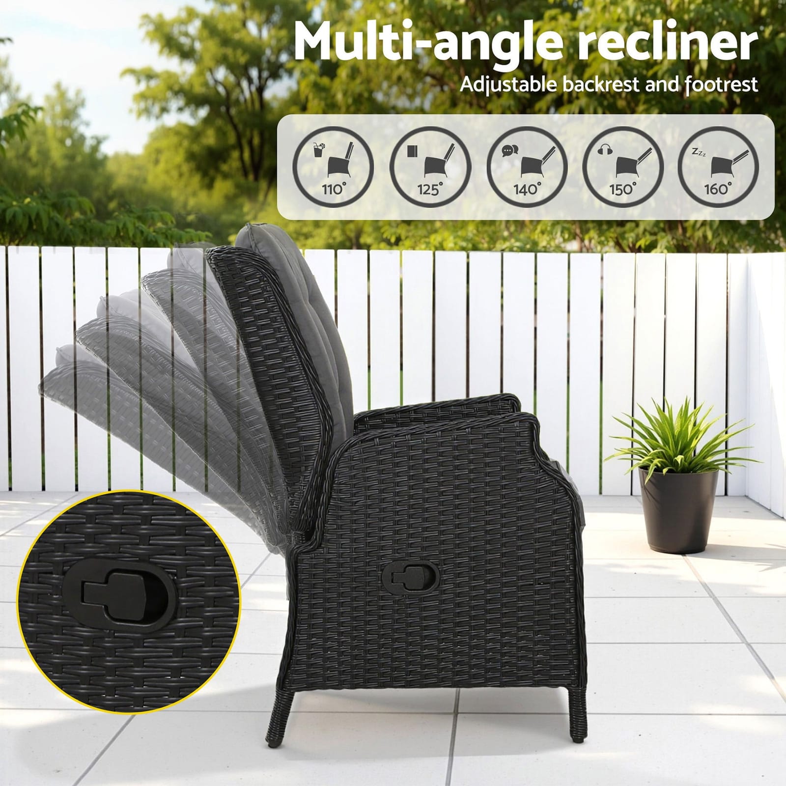 Recliner Chair Sun Lounge Wicker Lounger Outdoor Furniture Patio Black | Outdoor Chairs