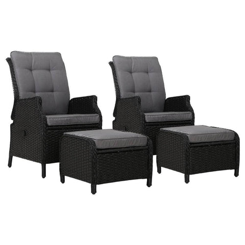 2Pc Recliner Chair Sun Lounge Wicker Lounger Outdoor Furniture Black