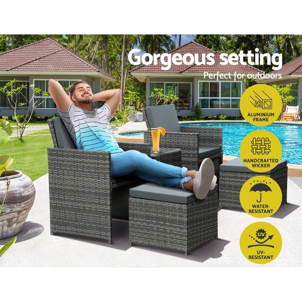 5-Piece Grey Wicker Outdoor Bistro Set with Cushions Table & Ottomans, Outdoor Chairs
