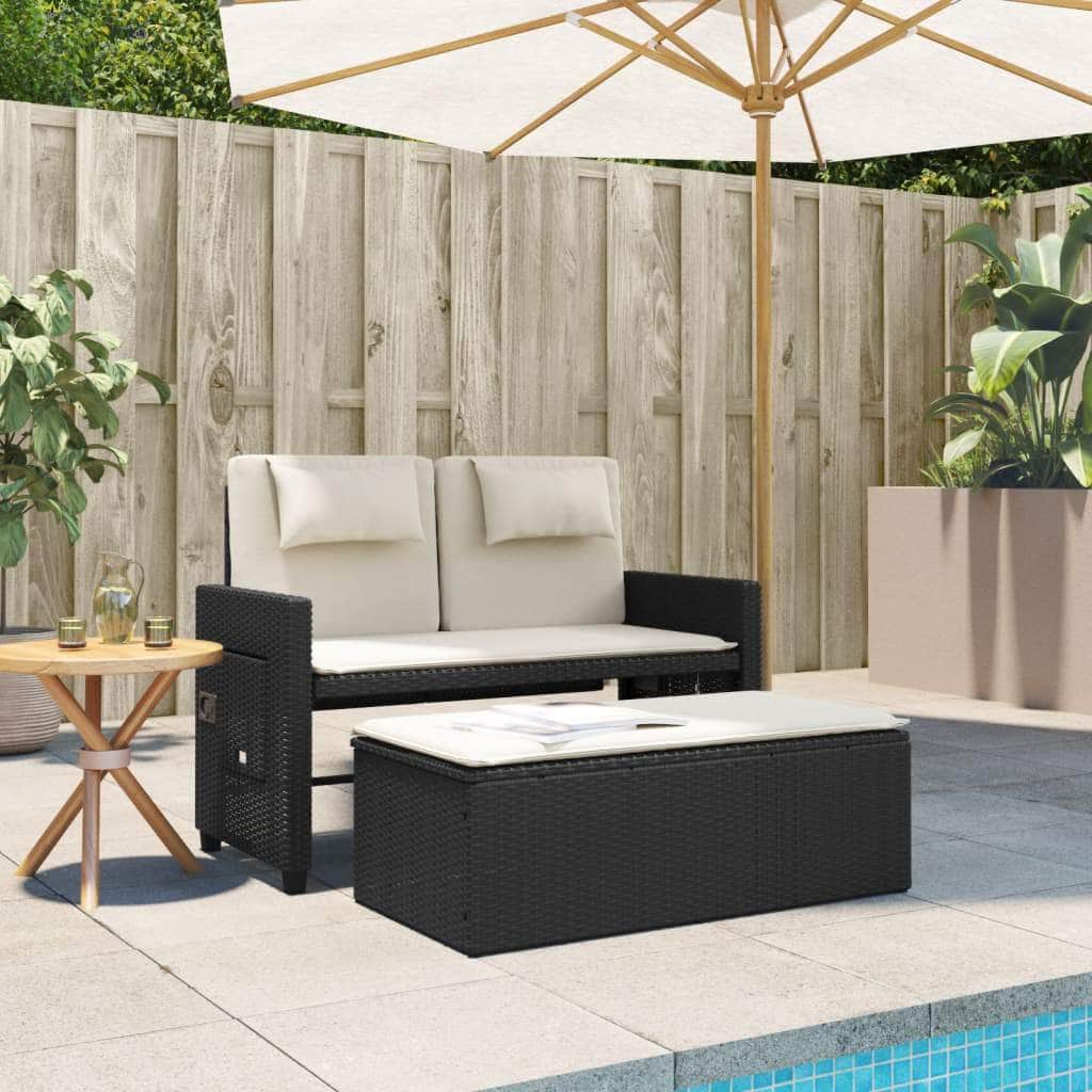 Reclining Garden Bench with Cushions-Black Poly Rattan | Rattan finish