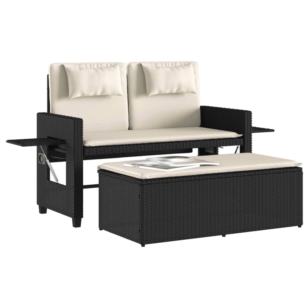 Reclining Garden Bench with Cushions-Black Poly Rattan
