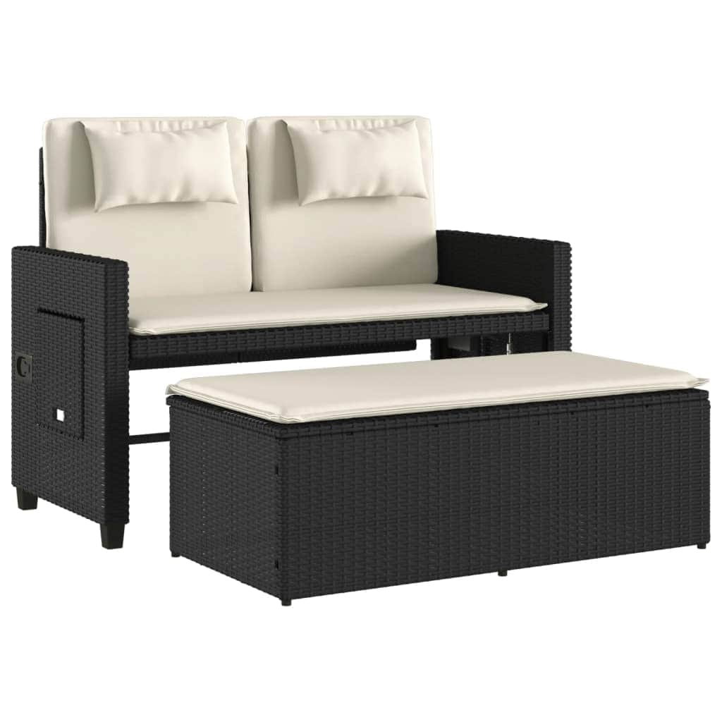 Reclining Garden Bench with Cushions-Black Poly Rattan