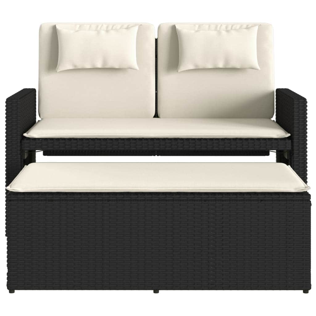 Reclining Garden Bench with Cushions-Black Poly Rattan | Outdoor Benches
