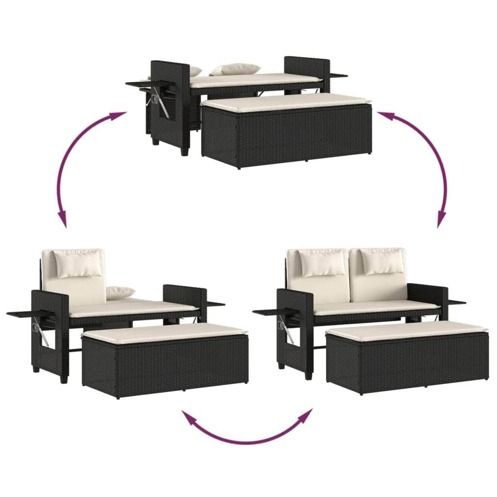 Reclining Garden Bench with Cushions-Black Poly Rattan, Black colour