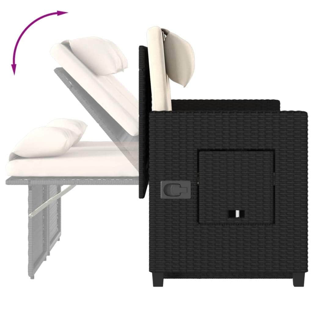 Reclining Garden Bench with Cushions-Black Poly Rattan with Outdoor Benches