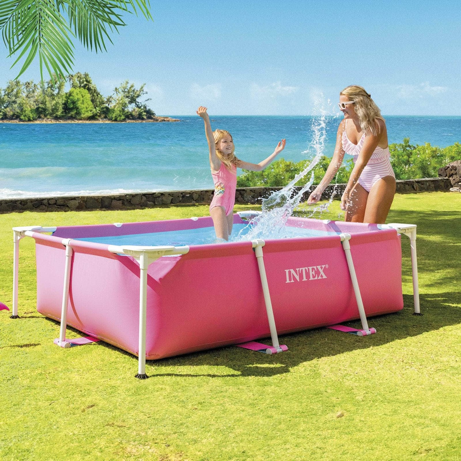 Rectangular Metal Frame Pool 220 x 150cm - Pink, Metal finish