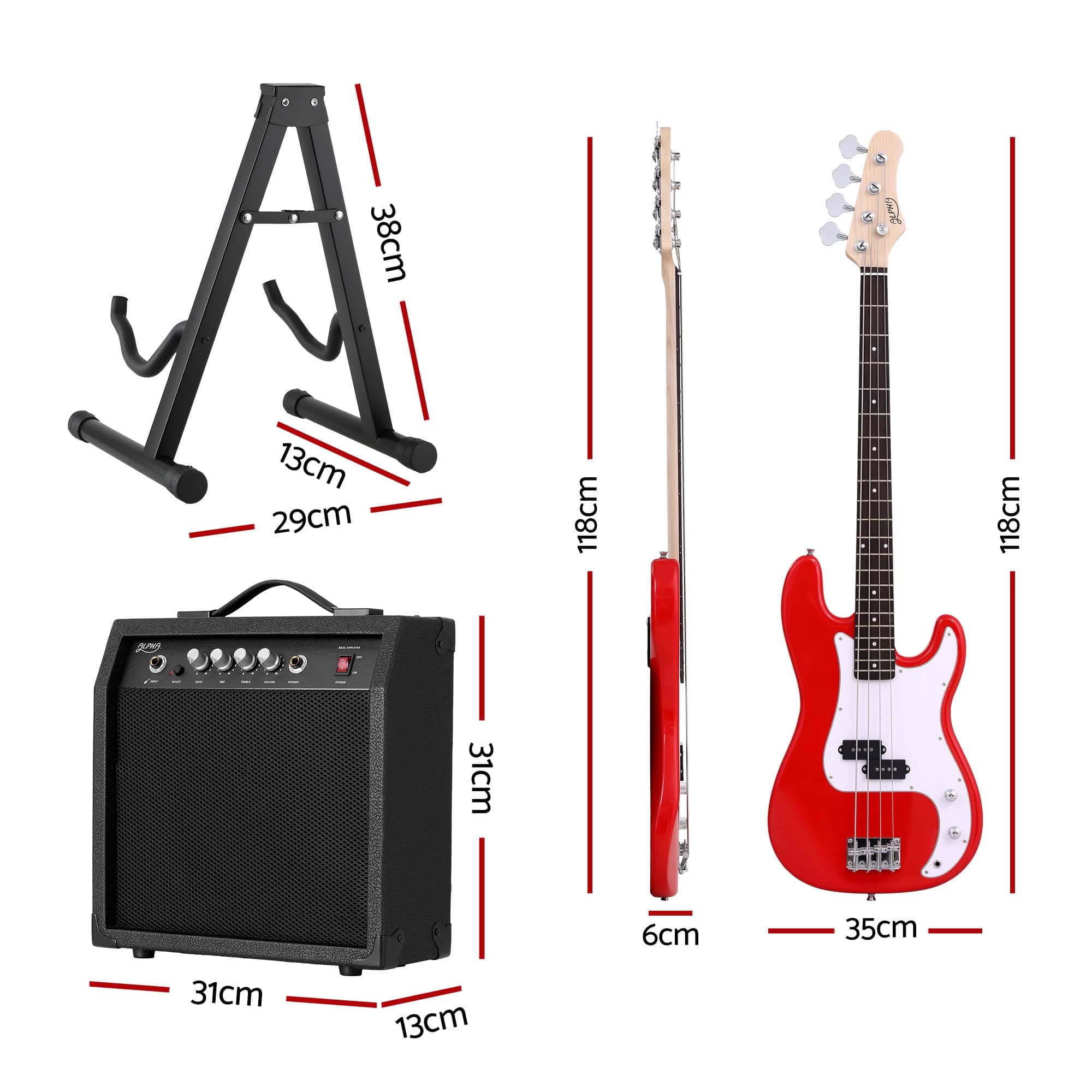 Red Electric Guitar Bass 47 Inch Kit with 40W Amplifier Stand & Accessories