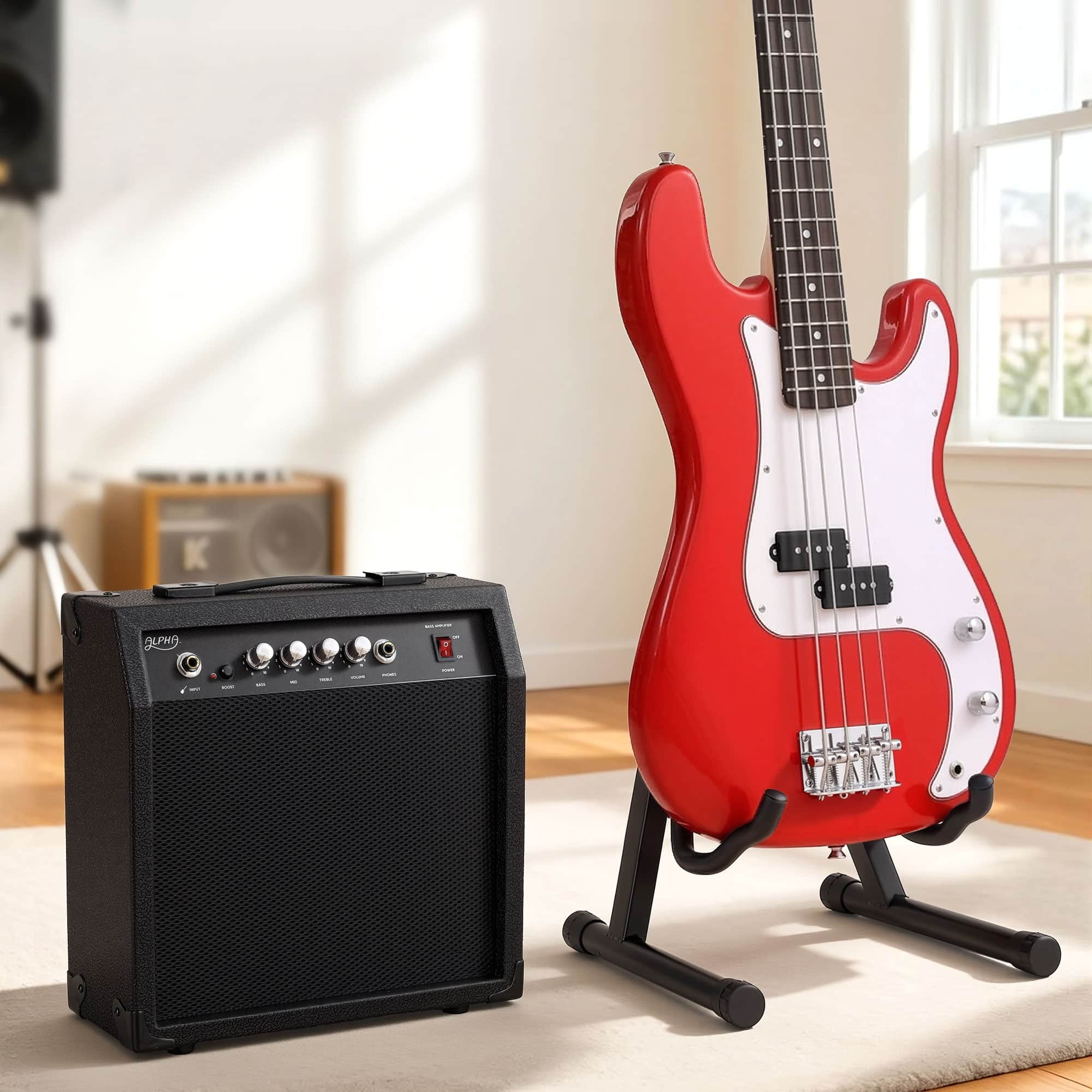 Red Electric Guitar Bass 47 Inch Kit with 40W Amplifier Stand & Accessories