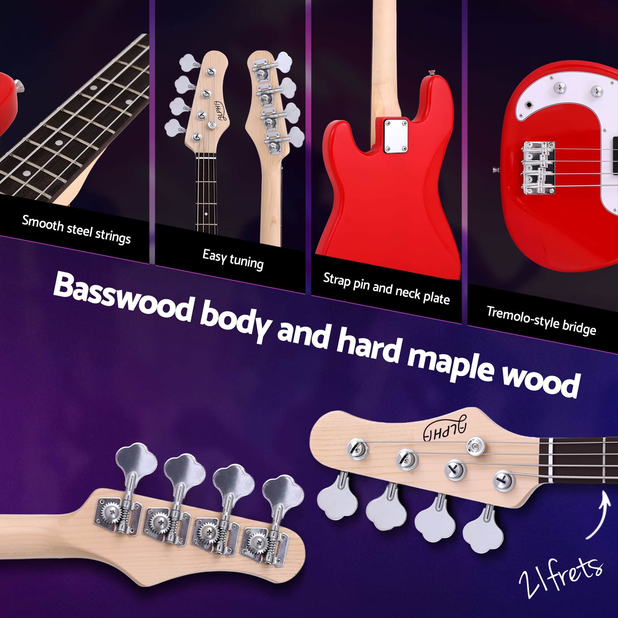 Red Electric Guitar Bass 47 Inch Kit with 40W Amplifier Stand & Accessories