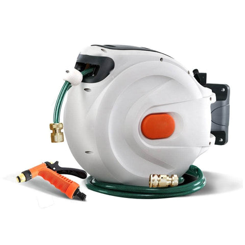 Water Hose Reel 30M Retractable Garden Brass Spray Gun Auto Rewind