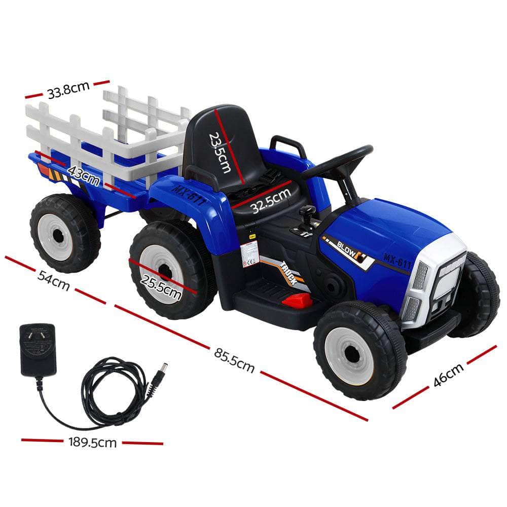 Ride On Car Tractor Trailer Toy Kids Electric Cars 12V Battery Blue