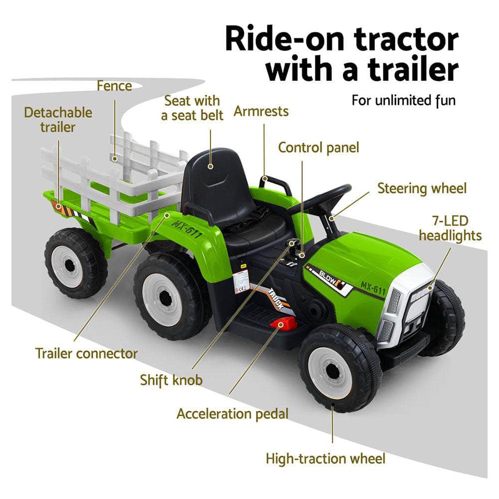 Ride On Car Tractor Trailer Toy Kids Electric Cars 12V Battery Green