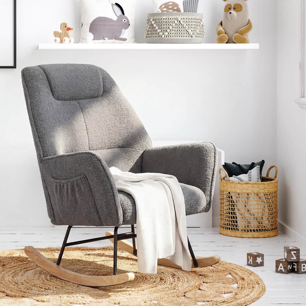 Rocking Chair Armchair Sherpa Accent Upholstered Living Room Seat Green/White/Grey
