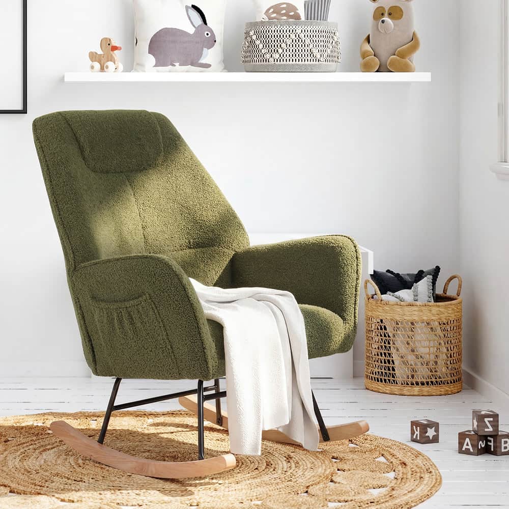 Rocking Chair Armchair Sherpa Accent Upholstered Living Room Seat Green/White/Grey
