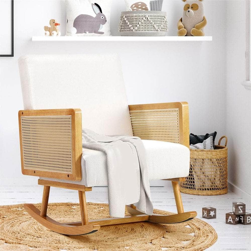 Rocking Chair Nursing Armchair Linen PE Rattan Beige