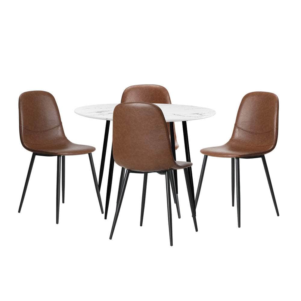 Round Dining Table & 4PCS Dining Chairs PU Brown