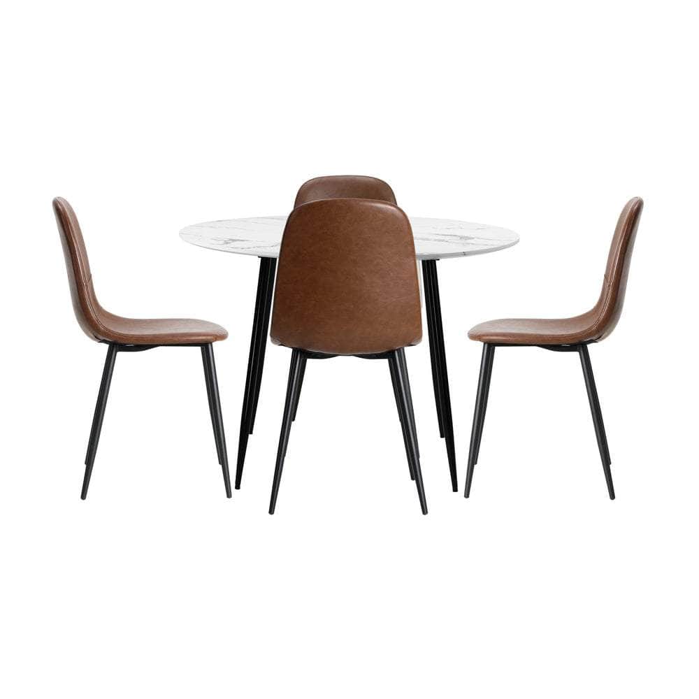 Round Dining Table & 4PCS Dining Chairs PU Brown
